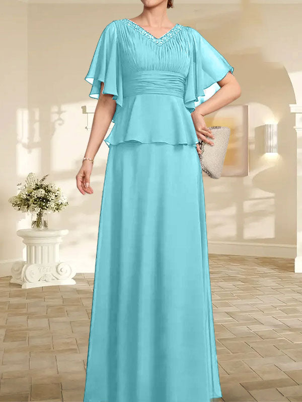 Vestido de gasa para madre de la novia, corte A, escote en V, largo hasta el suelo, con cuentas plisadas