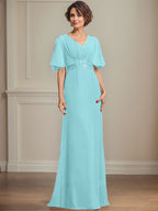 A-Linien-Kleid aus Chiffon mit V-Ausschnitt, bodenlang, für die Mutter der Braut, mit plissierten Paillettenapplikationen und Spitze