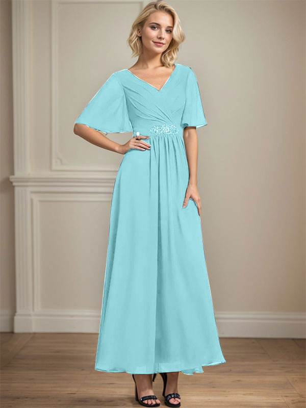 Vestido de gasa para madre de la novia, corte A, escote en V, largo hasta los tobillos, con lentejuelas y cuentas plisadas