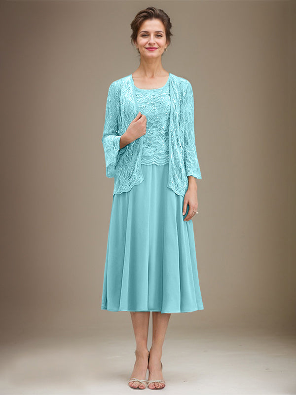 Vestido de gasa con encaje y lentejuelas para madre de la novia, corte A, escote redondo y largo hasta la rodilla 