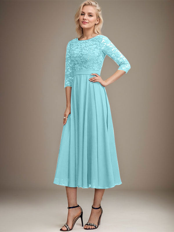A-Linien-Kleid mit Rundhalsausschnitt, Teelänge, Spitze, Chiffon, Pailletten, für die Mutter der Braut