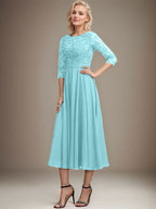 A-Linien-Kleid mit Rundhalsausschnitt, Teelänge, Spitze, Chiffon, Pailletten, für die Mutter der Braut