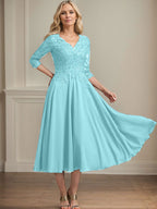 A-Linien-Kleid aus Chiffonspitze mit V-Ausschnitt, Teelänge, Perlen- und Paillettenstickerei für die Mutter der Braut 