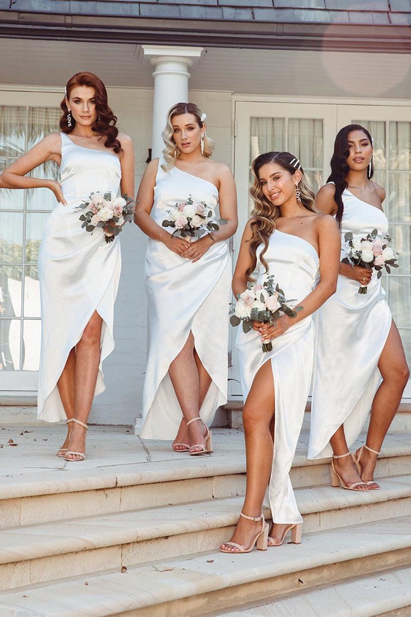 Asymmetrical One Shoulder Satin White Bridesmaid Dress