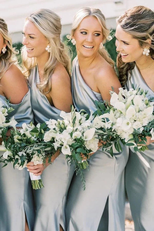 Asymmetrical Ruffle One Shoulder Bridesmaid Dresses with Slit