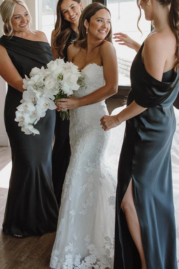 Vestidos de dama de honor con volantes asimétricos, un hombro y abertura