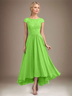 A-Linien-Kleid aus Chiffon mit asymmetrischem, plissiertem Spitzeneinsatz und Illusion-Ausschnitt für die Mutter der Braut 