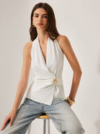 Crisscross Neckline Metal Detail Sleeveless Blouse