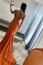 Meerjungfrauen-Abendkleid aus Satin mit tiefem V-Ausschnitt, Perlenbesatz