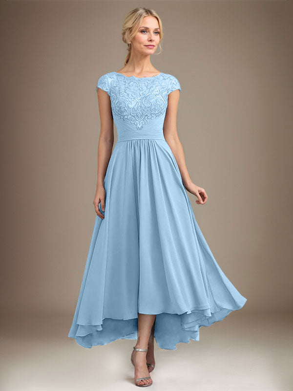 A-Linien-Kleid aus Chiffon mit asymmetrischem, plissiertem Spitzeneinsatz und Illusion-Ausschnitt für die Mutter der Braut 