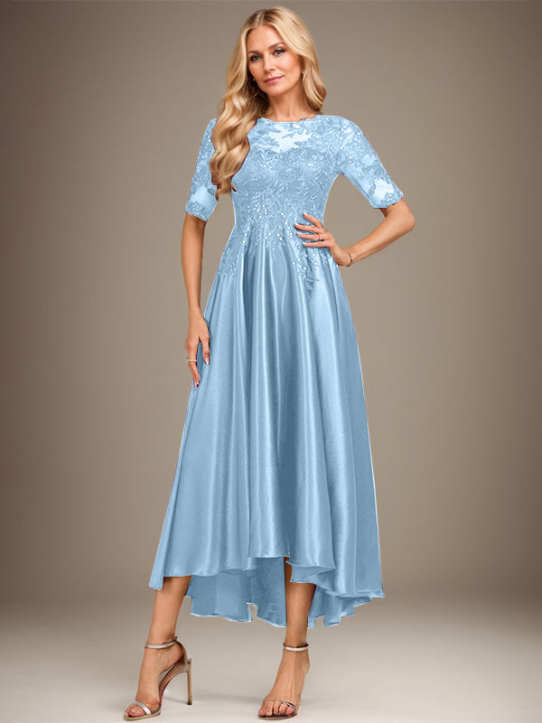 Vestido de madre de la novia de encaje satinado elástico asimétrico con ilusión de escote en A y lentejuelas 