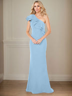 Vestido de gasa para madre de la novia, corte A, un hombro, largo hasta el suelo, con volantes 