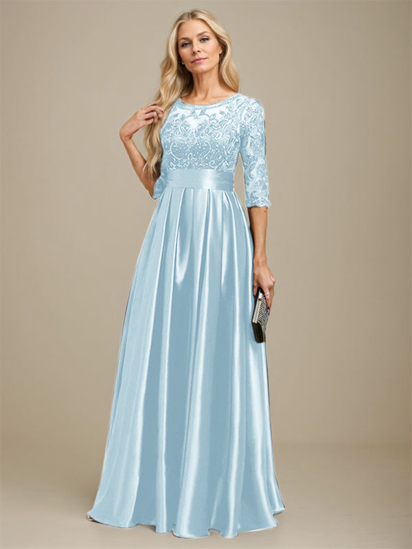 Vestido de madre de la novia de satén elástico con encaje, corte A, escote ilusión, largo hasta el suelo, con lazo y lentejuelas 
