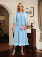 Vestido de gasa con encaje y lentejuelas para madre de la novia, corte A, escote redondo y largo hasta la rodilla 