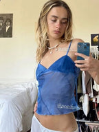 Blue Mesh Halter Crop Top
