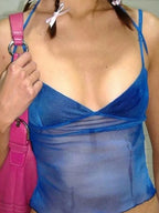 Blue Mesh Halter Crop Top