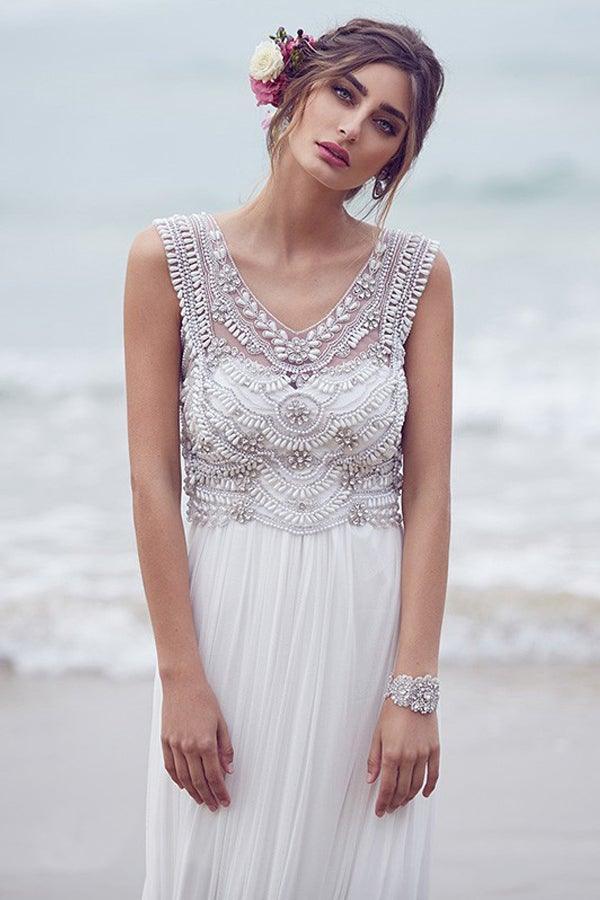 Strandhochzeitskleider A-Linie V-Ausschnitt Kurze Schleppe Sexy Brautkleid
