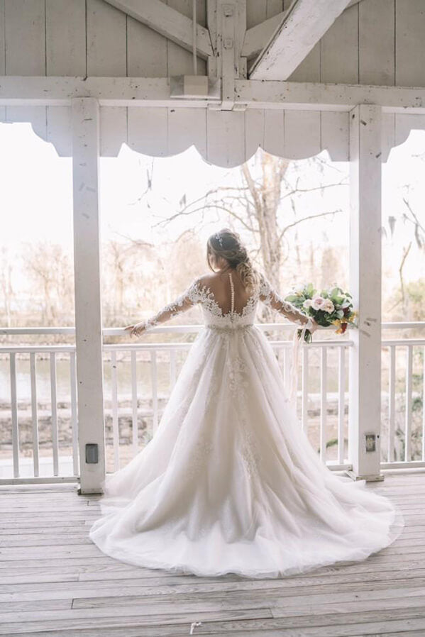 Lace Plus Size A-line Long Sleeves Wedding Dress, Bridal Gown