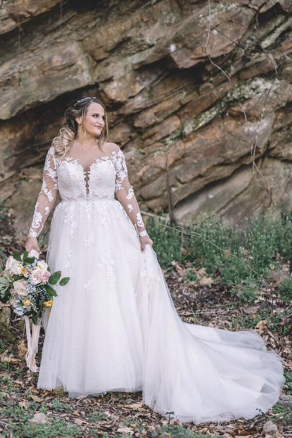 Lace Plus Size A-line Long Sleeves Wedding Dress, Bridal Gown