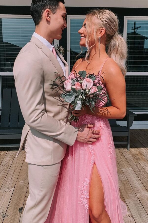 Tulle Lace A-line Backless Long Prom Dresses With Side Slit