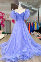Wunderschönes Tüll A-Linien Ballkleid mit Puffärmeln langes Abendkleid