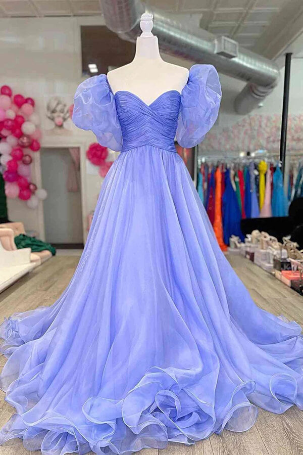 Wunderschönes Tüll A-Linien Ballkleid mit Puffärmeln langes Abendkleid