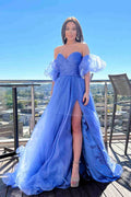 Wunderschönes Tüll A-Linien Ballkleid mit Puffärmeln langes Abendkleid