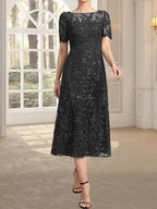 A-Linien-Kleid mit Rundhalsausschnitt, Illusion-Ausschnitt, Teelänge, Spitze und Pailletten für die Mutter der Braut