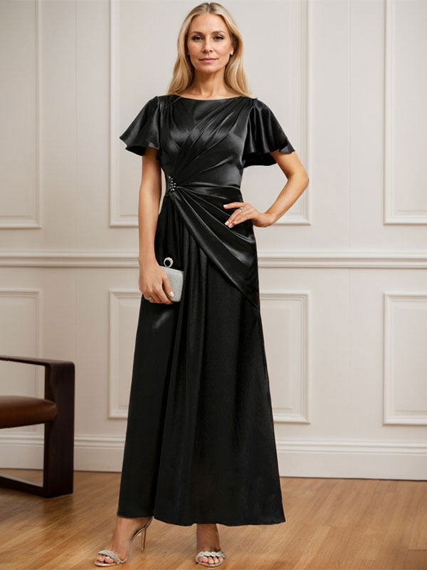 Vestido de madre de la novia de satén elástico con escote redondo y largo hasta los tobillos, corte en A y cuentas plisadas 