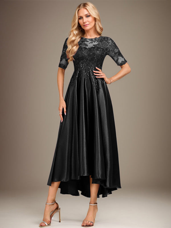 Vestido de madre de la novia de encaje satinado elástico asimétrico con ilusión de escote en A y lentejuelas 