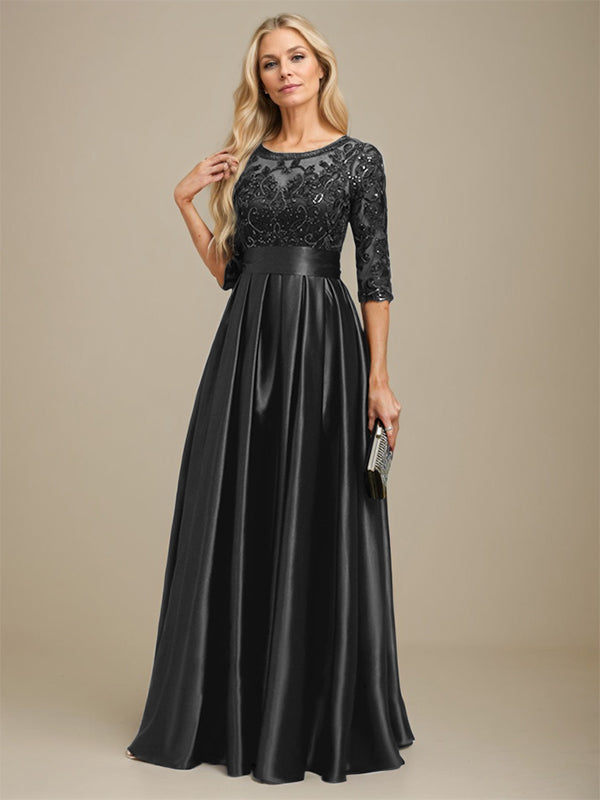 Vestido de madre de la novia de satén elástico con encaje, corte A, escote ilusión, largo hasta el suelo, con lazo y lentejuelas 
