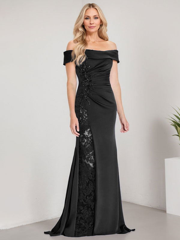 Vestido de sirena con escote en A, hombros descubiertos y largo hasta el suelo para madre de la novia, apliques y cuentas, con abertura alta 