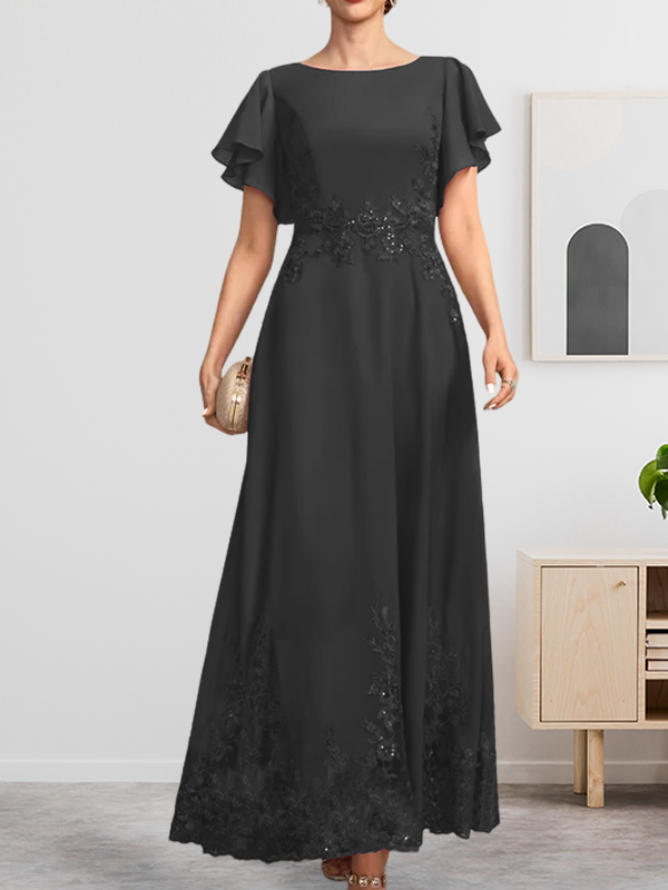 A-Linien-Kleid mit Rundhalsausschnitt, knöchellang, aus Spitze und Chiffon, mit Pailletten besetzt