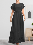 A-Linien-Kleid mit Rundhalsausschnitt, knöchellang, aus Spitze und Chiffon, mit Pailletten besetzt