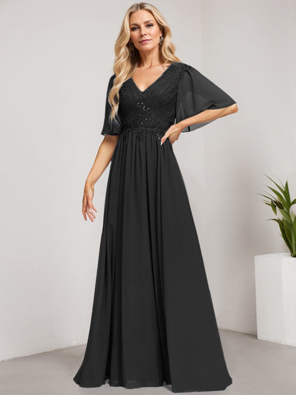 Vestido de gasa con encaje y lentejuelas para madre de la novia, corte A, escote en V y largo hasta el suelo 