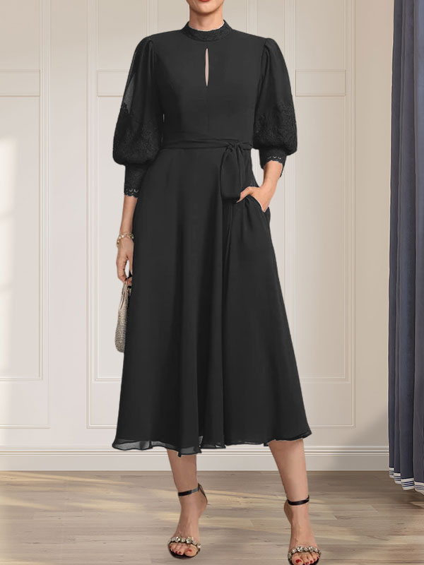 A-Linien-Kleid aus Chiffon mit hohem Kragen, Teelänge und Spitze für die Mutter der Braut, verziert mit einer Schleife