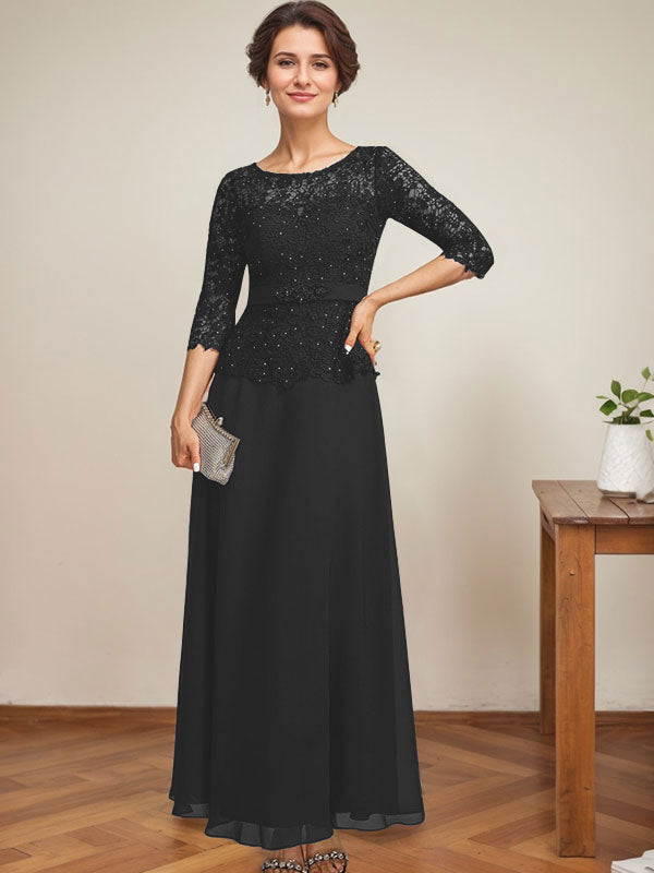 Vestido de gasa con encaje y escote ilusión hasta los tobillos para madre de la novia con cuentas de diamantes de imitación 