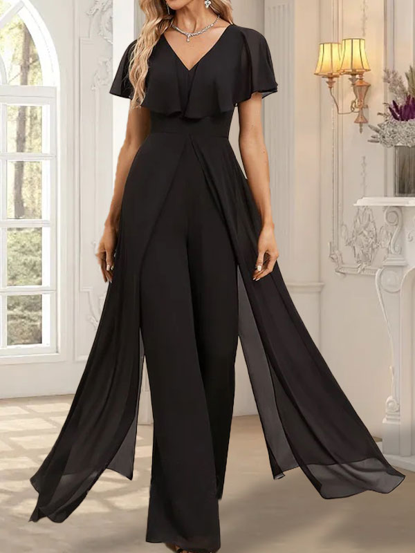 Jumpsuit/Hosenanzug, bodenlanges Chiffon-Abendkleid mit V-Ausschnitt