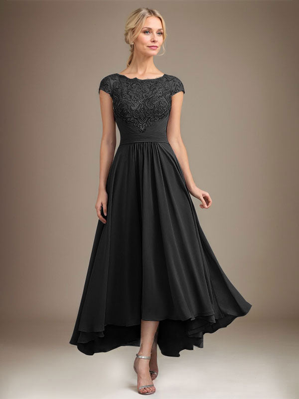 A-Linien-Kleid aus Chiffon mit asymmetrischem, plissiertem Spitzeneinsatz und Illusion-Ausschnitt für die Mutter der Braut 