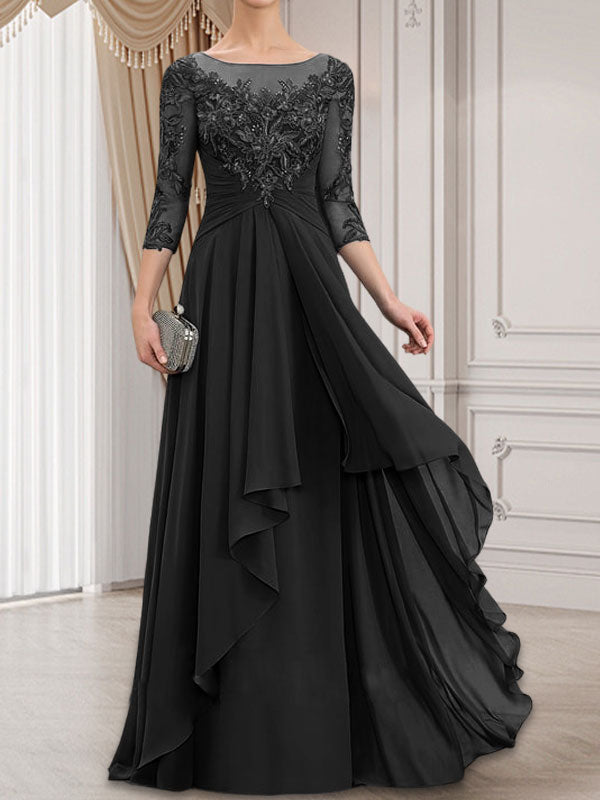 Vestido de gasa con encaje y volantes en cascada para madre de la novia, corte A, escote ilusión, largo hasta el suelo