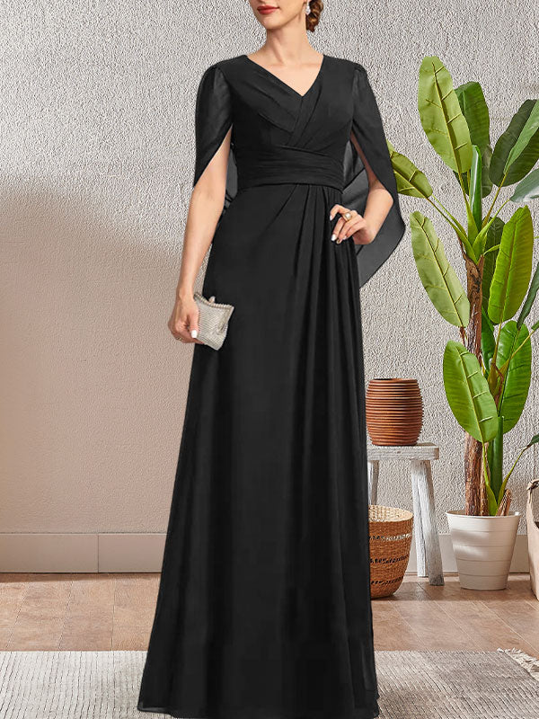 Vestido largo para madre de la novia con escote en V y corte A en azul marino oscuro
