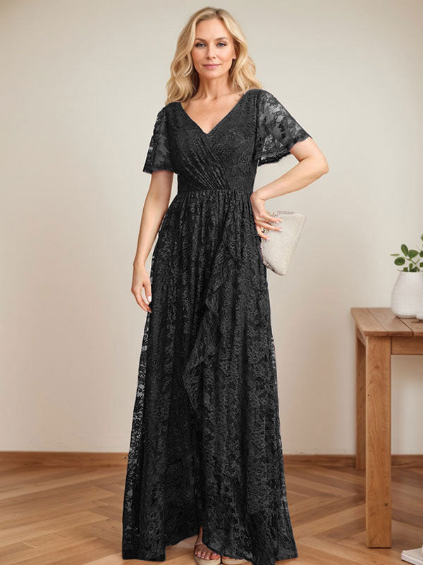 A-Linien-Kleid mit V-Ausschnitt, asymmetrischem Spitzenbesatz und Kaskadenrüschen für die Mutter der Braut 