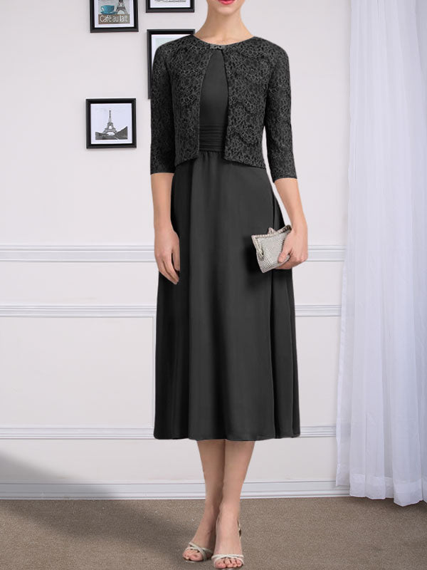 Vestido de gasa para madre de la novia, corte A, escote redondo, largo hasta la rodilla, con pliegues