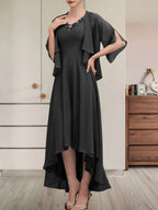 A-Linien-Kleid aus Chiffon mit V-Ausschnitt, asymmetrischem Muster und Perlen- und Paillettenbesatz für die Mutter der Braut