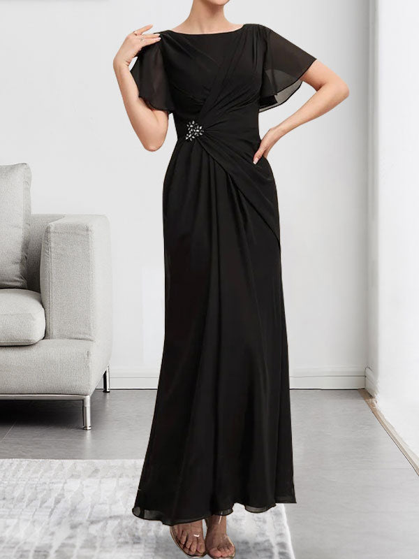 A-Linien-Chiffonkleid mit Rundhalsausschnitt, knöchellang, mit Perlenstickerei und Falten für die Mutter der Braut