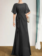A-Linien-Kleid aus Chiffon in Bodenlänge für die Mutter der Braut mit kaskadenartigen Rüschen, Perlen und Pailletten