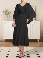 Vestido de gasa con encaje y escote en V, largo hasta la rodilla, para madre de la novia, con lentejuelas y abalorios