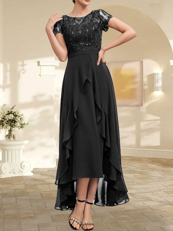 Vestido de madre de la novia de gasa asimétrica con escote en A, ilusión, encaje, lazo, volantes y lentejuelas 