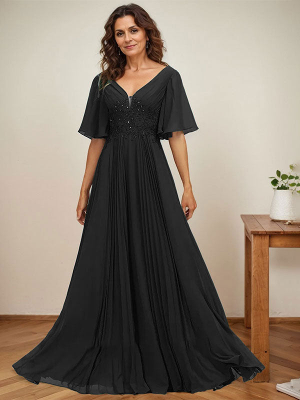 A-Linien-Kleid aus Chiffon mit V-Ausschnitt, bodenlang, mit Paillettenapplikationen, Spitze und Falten für die Mutter der Braut 