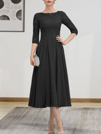 A-Linien-Kleid mit U-Boot-Ausschnitt, Illusion-Detail, Teelänge, Chiffonspitze, Perlenstickerei und Pailletten für die Mutter der Braut